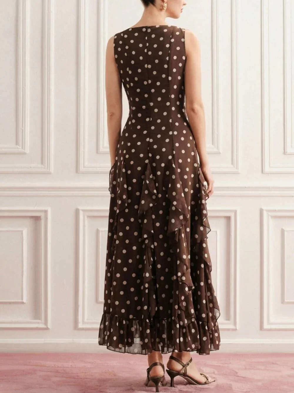 Coffee Elegant Women's Waist Cinched Ruffle Hem polka dot Slim Fit Dress
